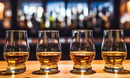 Bourbon Verkostung 4 Glencairngläser mit Bourbon auf Bartresen