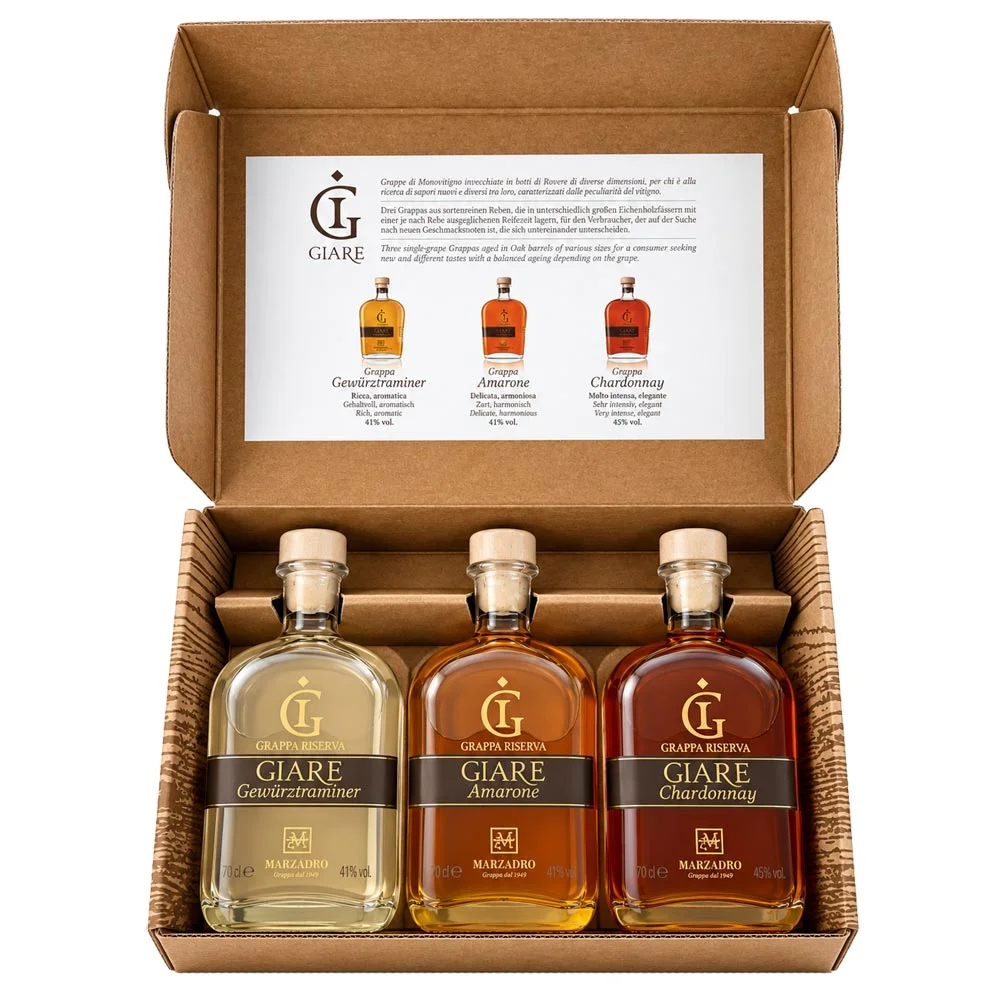 Grappa-Set, drei Flaschen, Holzkiste, Sorten-Mix, Glasflaschen, Grappa-Set, Drei Flaschen, Geschenkbox, Tresterbrand, Sortenmix