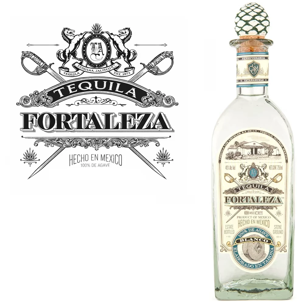 Tequila, Fortaleza, Flasche Glas, Weiße Etikette, Kronenverschluss