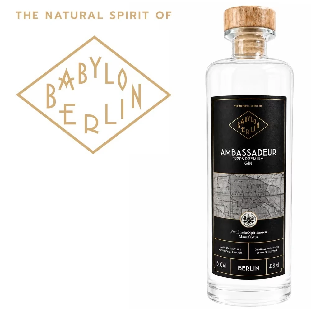 Gin, Ambassadeur, Berlin, Glasflasche, Schwarzes Etikett