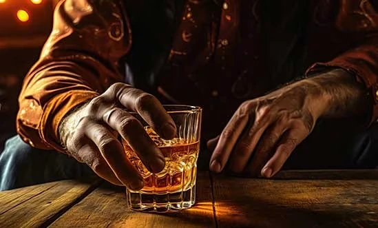 Whiskey USA Mann hält Whiskey Glas am Holztisch in der Hand