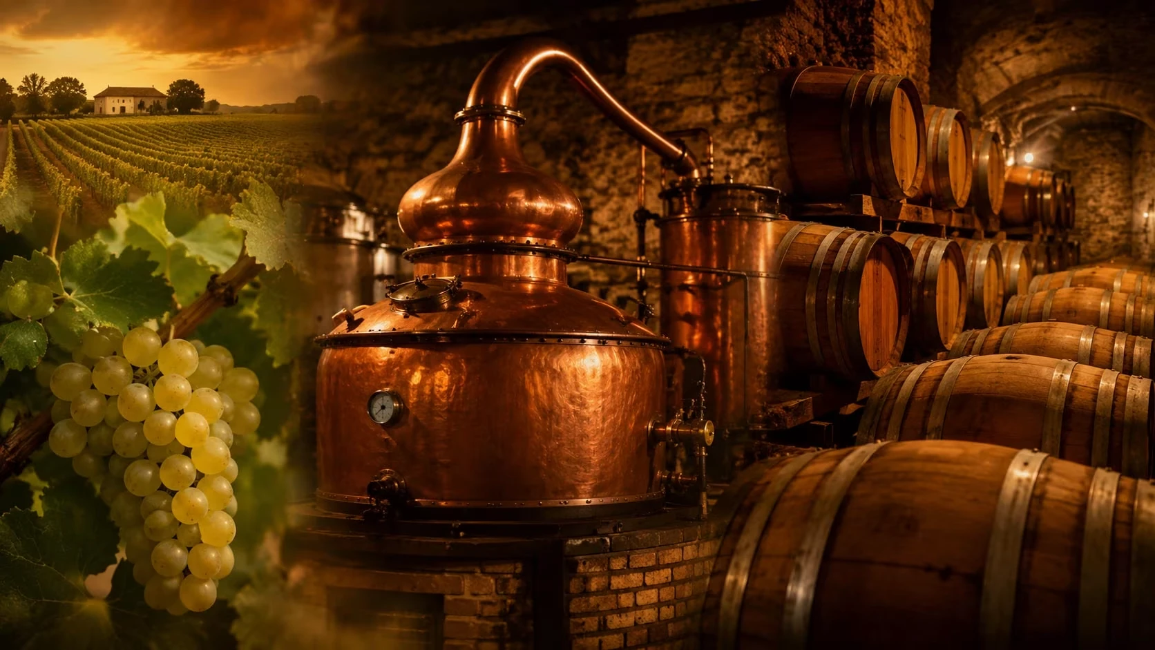 Cognac Herstellung mit Kupferbrennblase, Alambic Charentais, Trauben und Eichenfässern