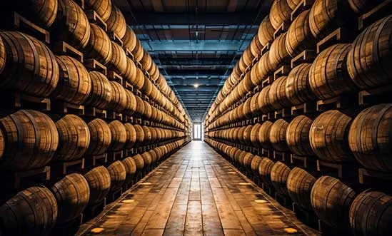 Amerikanischer Whisky Amerikanischer Whisky beim Reifen in Holzfässern im Lagerhaus
