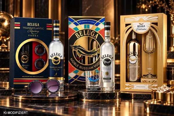 Beluga Vodka Geschenksets mit Transatlantic Sonnenbrille, Noble Glas und Celebration Geschenkverpackung