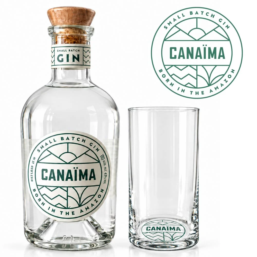 Gin, Flasche, Glas, Logo, Canaïma, Gin, Glas, Flasche, Kanne, Etikettengrün