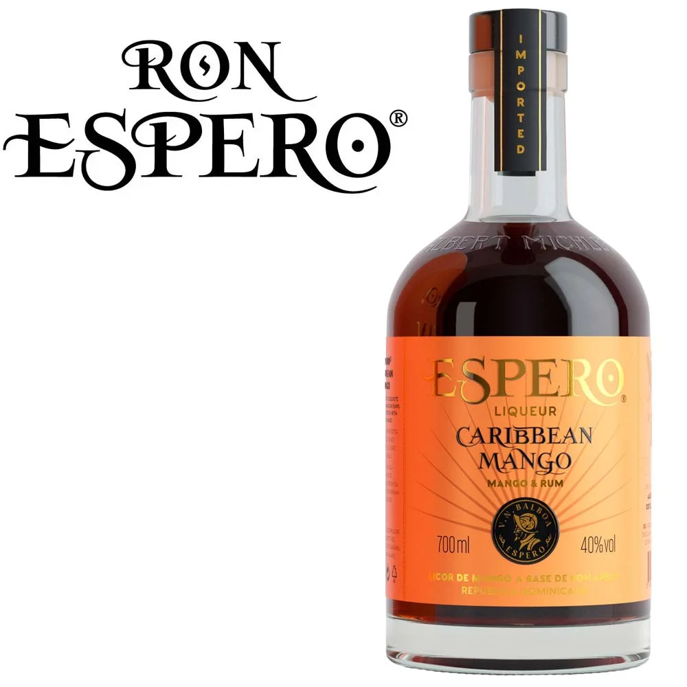 Mango-Likör, Rum-Likör, Spirituosenflasche, Orangefarbenes Etikett, Glasflasche, Mango-Rum-Likör, Spirituosenflasche, Glasflasche, Oranges Etikett, 700 ml