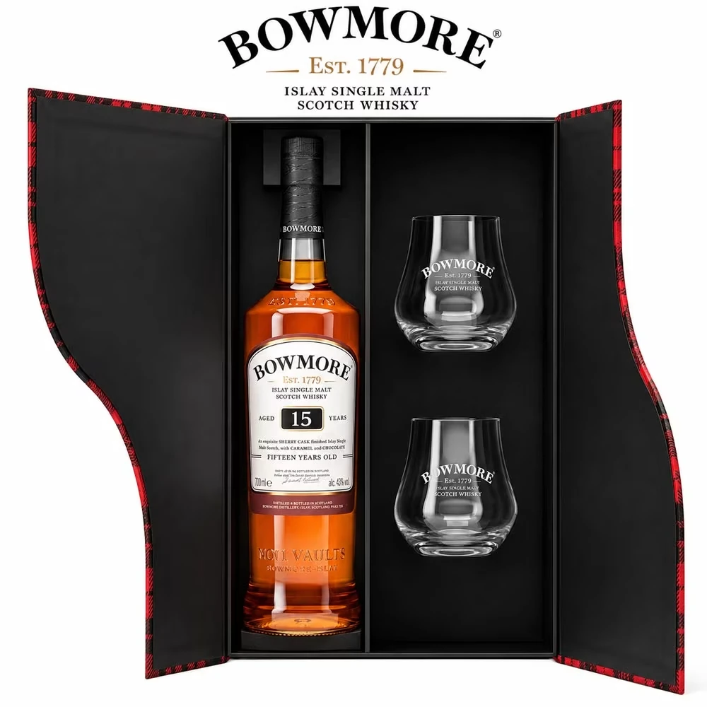 Bowmore 15 Jahre Geschenkset mit 2 Tumblern – 43 % Vol.
