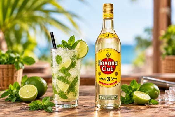 Frischer Mojito mit Minze, Limette und Eis neben Havana Club 3 Años Rum
