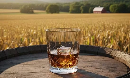 American Whiskey American Whiskey auf Holzfass vor Maisfeld