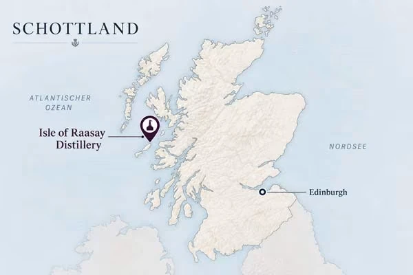 Landkarte von Schottland mit der Isle of Raasay Distillery und Edinburgh
