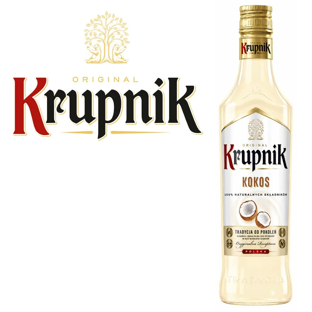 Kokoslikör, Spirituosenflasche, Kokosgeschmack, Klare Flasche, Polnischer Likör, Kokoslikör, Spirituosenflasche, Kokosgeschmack, Klare Flasche, Goldener Verschluss