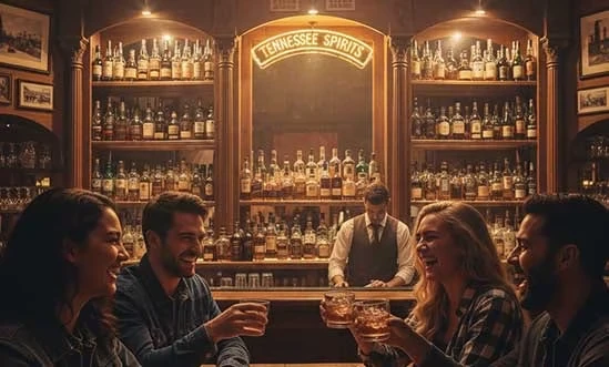 Junge Erwachsene trinken Tennessee Whiskey in einer Bar