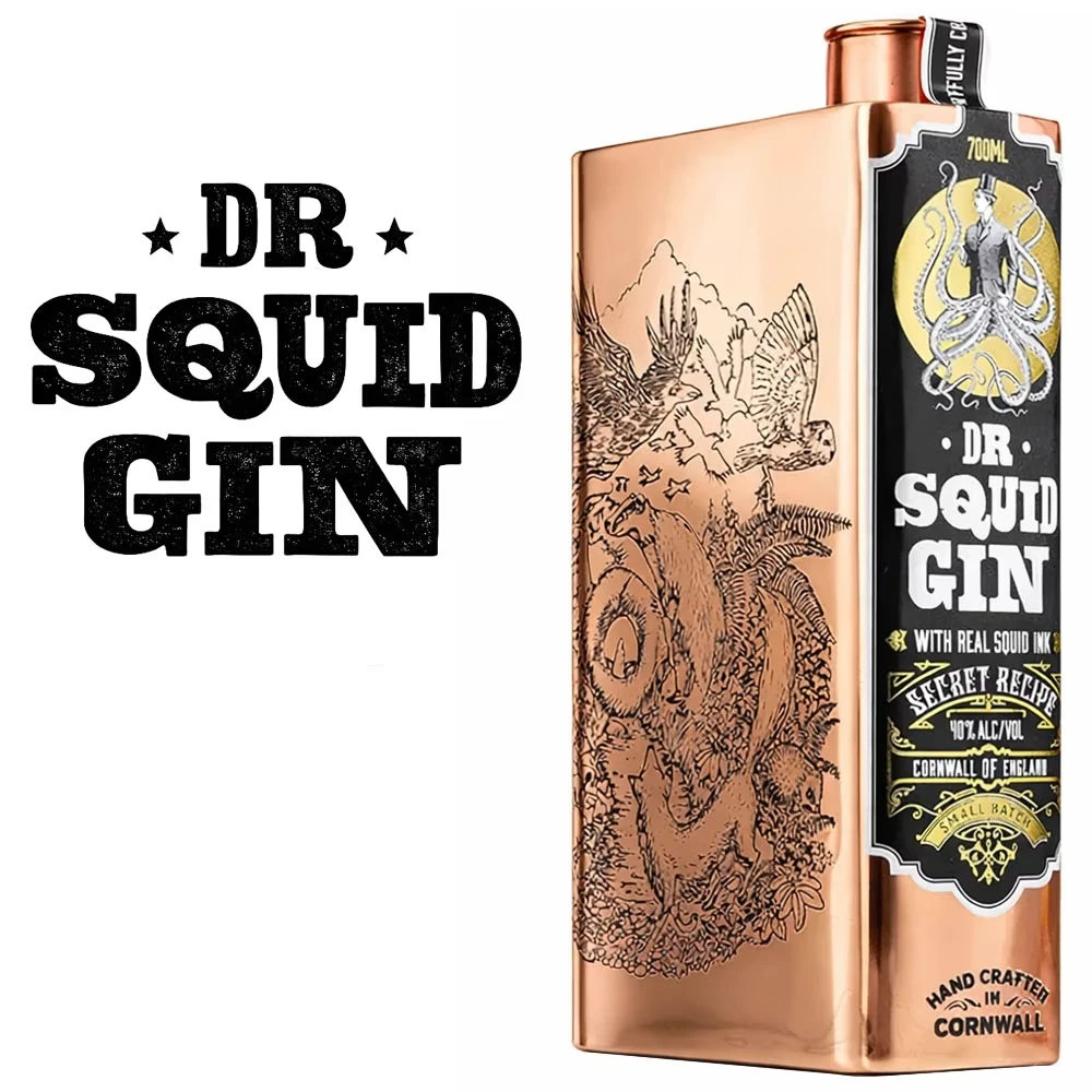 Gin, Dr Squid Gin, Kupferflasche, Grafiketikett, Handgefertigt